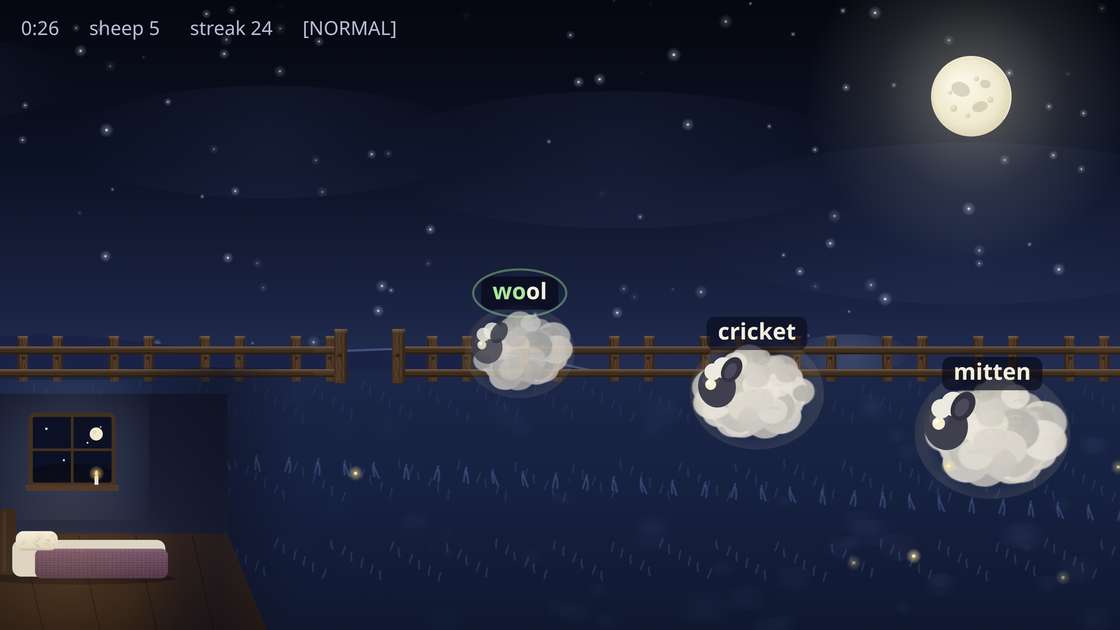 A run of totb in progress: sheep in four lanes, the lead one ringed and carrying the word being typed, with the sheep count and streak above