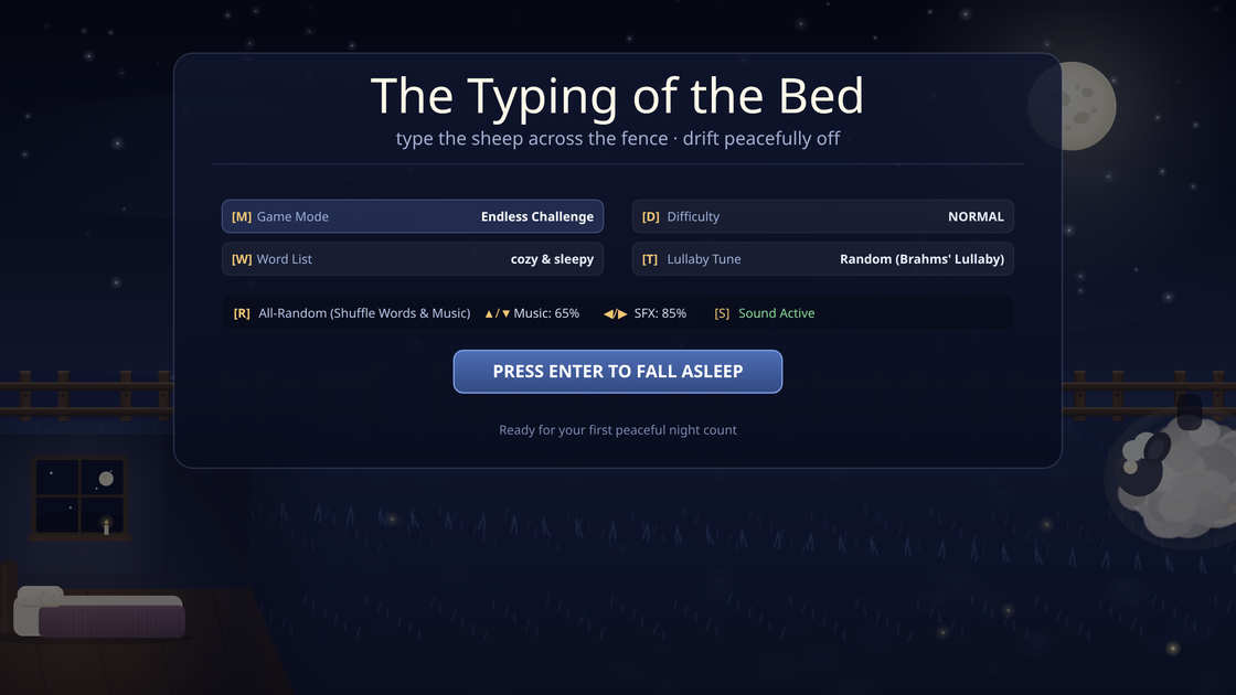 The totb title screen, which is also where the run is set up: game mode, difficulty, the themed word list and the lullaby tune