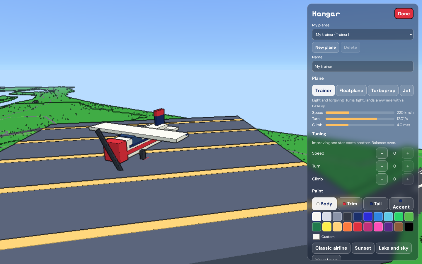 tva hangar: the trainer plane in red, white and blue on a runway beside the panel for choosing a plane, tuning stats and painting it