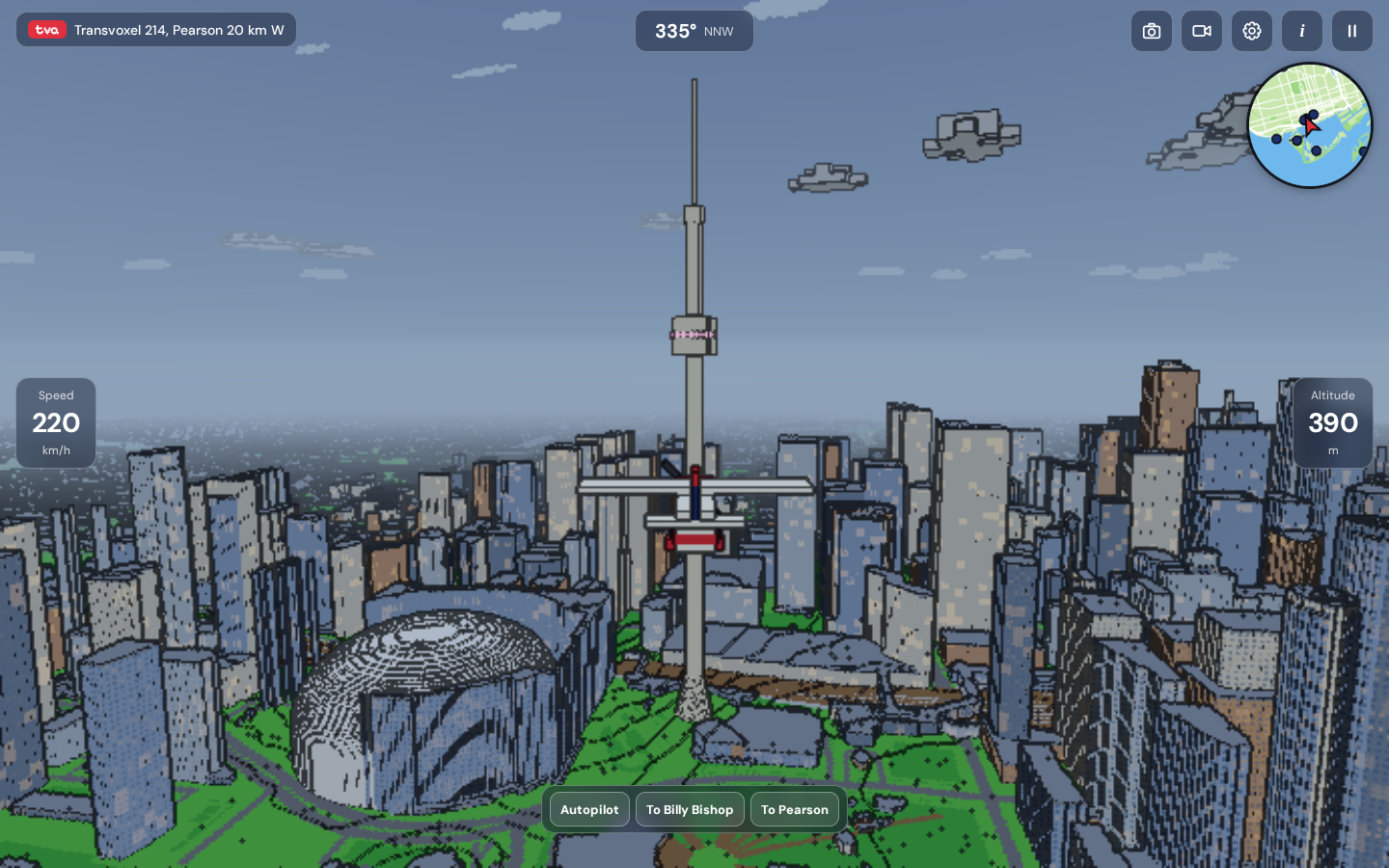 tva in real-world mode: the trainer plane flying at 390 metres beside the voxel CN Tower, with downtown Toronto towers and the Rogers Centre dome below