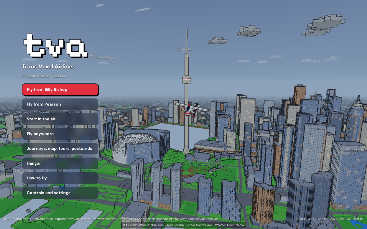 tva title screen over voxel downtown Toronto, with the CN Tower, a plane in the sky and the menu from Fly from Billy Bishop to Controls and settings