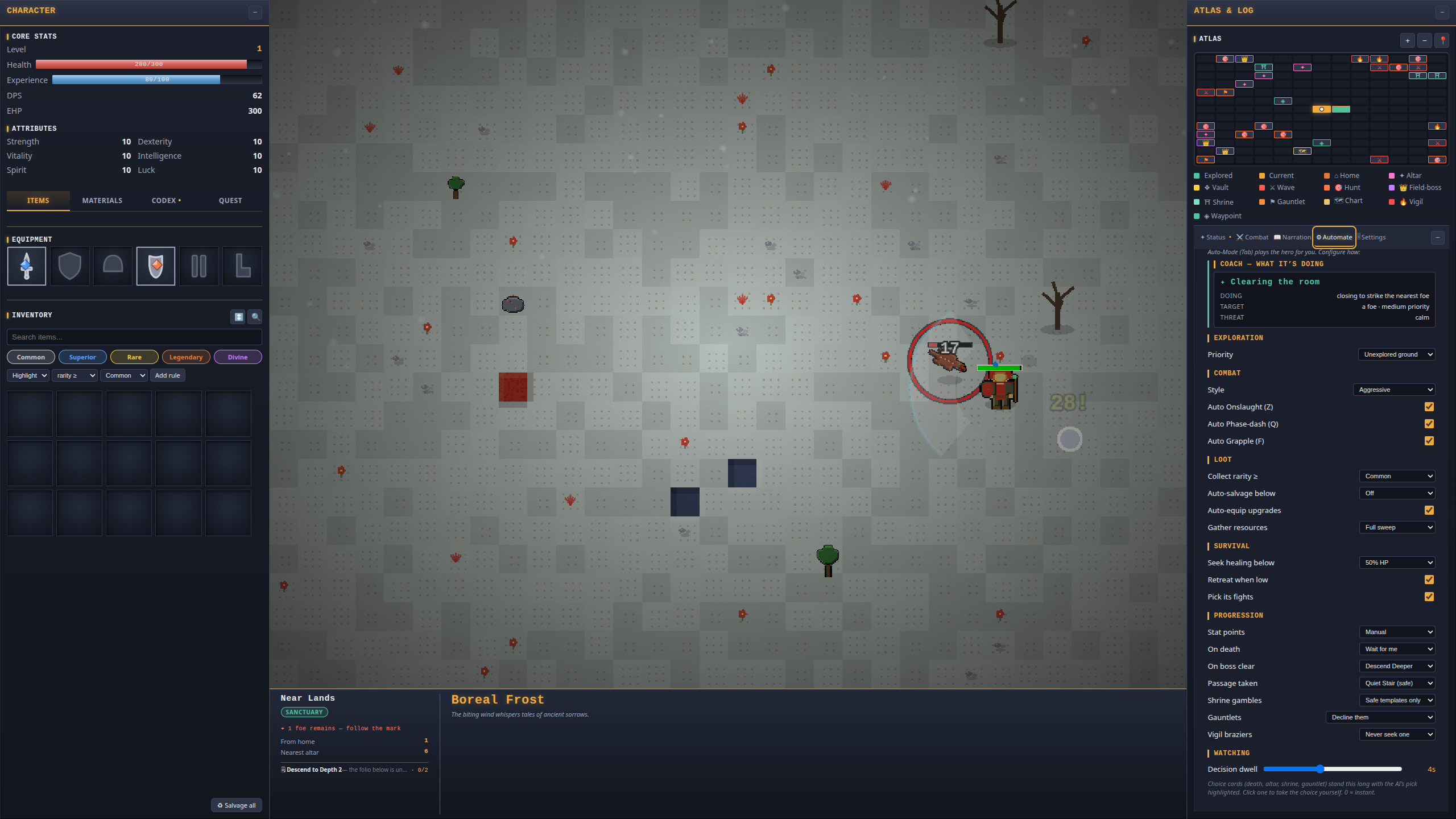 Auto Mode running in unfathom: the Automate pane showing the coach card Clearing the room with its target and threat read, the exploration priority set to unexplored ground, and the combat style set to aggressive