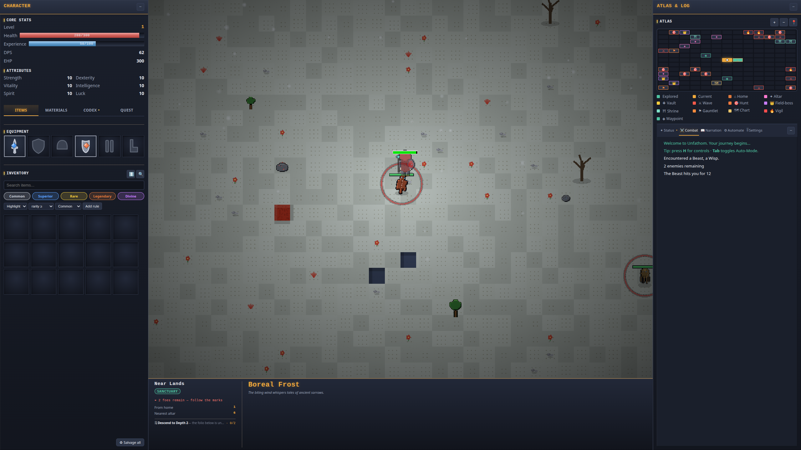 A fight in the Boreal Frost biome in unfathom: a beast and a wisp close on the hero, with character stats and equipment on the left and the atlas and combat log on the right