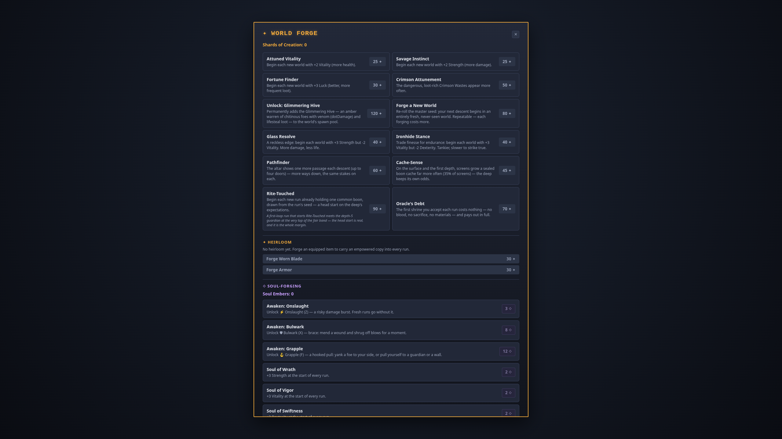 unfathom's World Forge: permanent upgrades bought with Shards of Creation, including Attuned Vitality, Fortune Finder, Unlock Glimmering Hive, Forge a New World and Pathfinder, each with its shard price