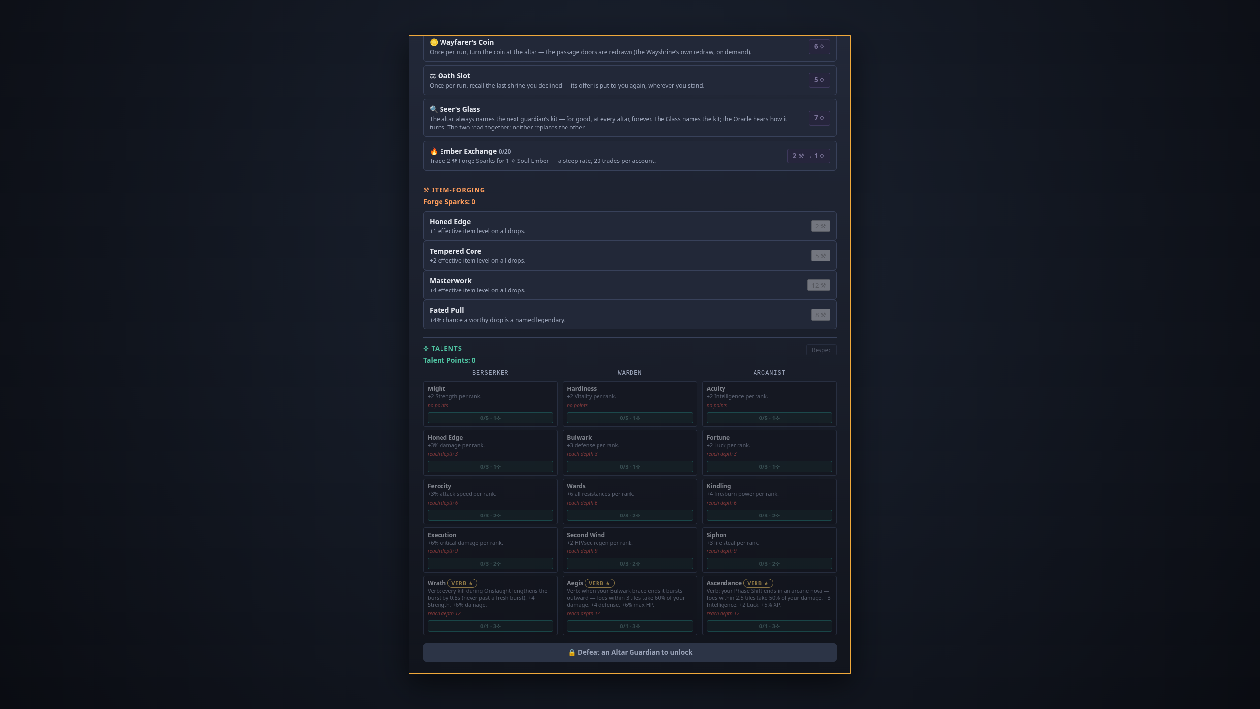 unfathom's talent tree: three lanes named Berserker, Warden and Arcanist, each rank showing its effect per point and the depth a run must reach before it unlocks