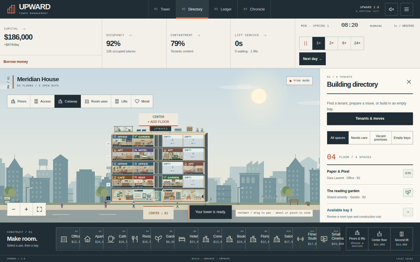 Upward building directory listing tenants and available rooms beside the cutaway tower