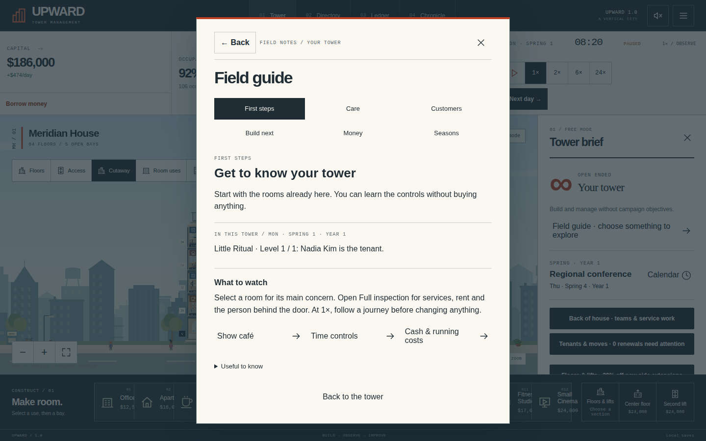 Upward field guide with routes for exploring the current tower