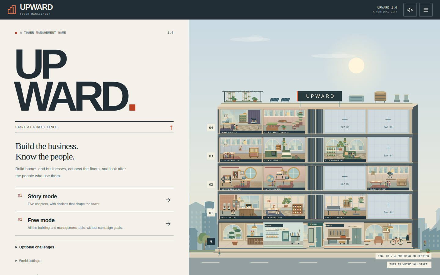 Upward title screen with Story mode, Free mode and the Meridian House cutaway