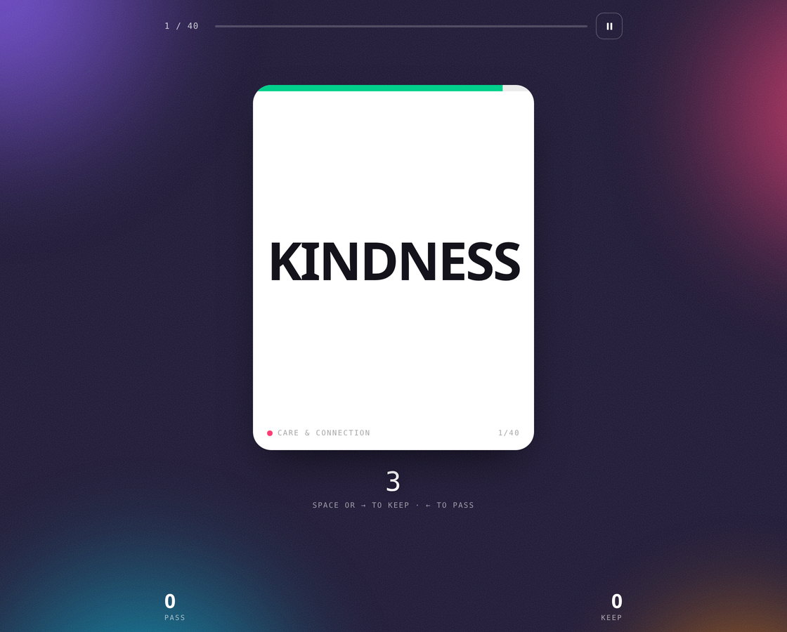 A card mid-draw in Values Draw: one value, its group, a fuse running down and keep or pass as the only two answers