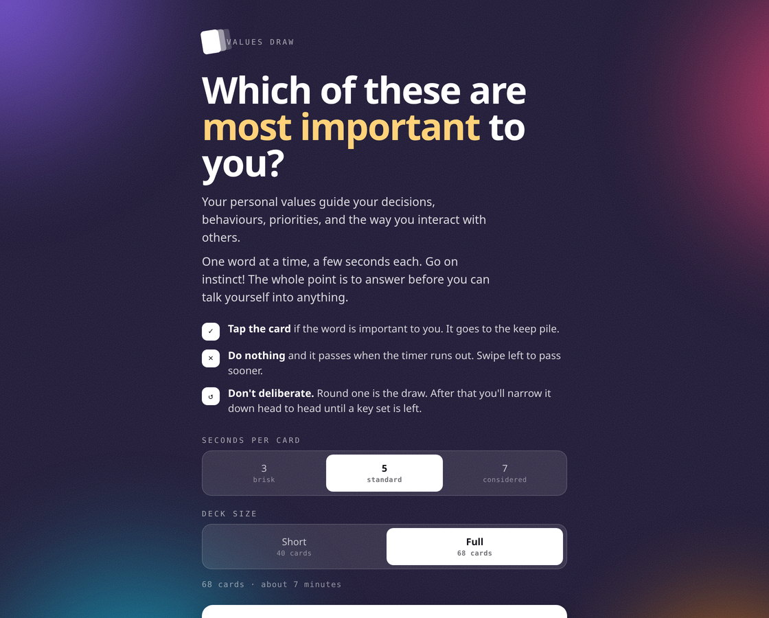 The Values Draw setup screen: seconds per card, deck size, and the instruction not to deliberate