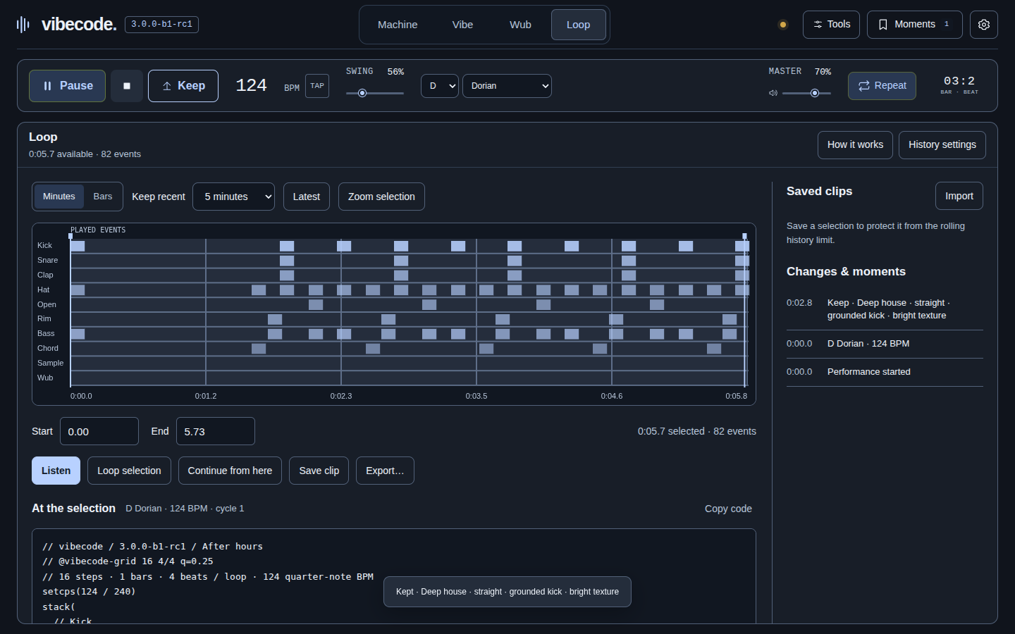 vibecode Loop workspace with the captured performance history