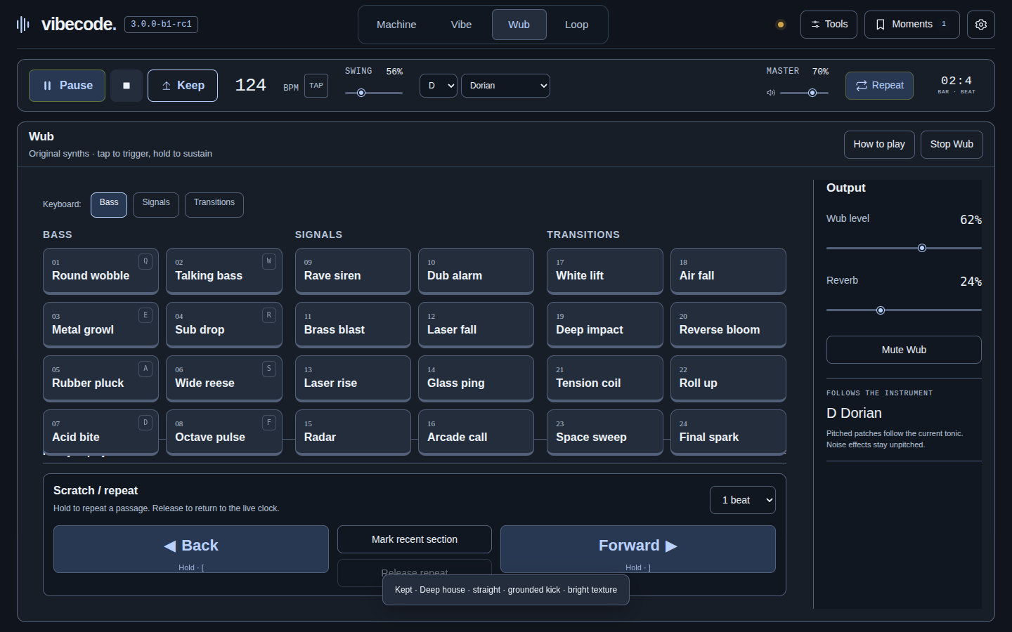 vibecode Wub workspace with synthesized performance controls