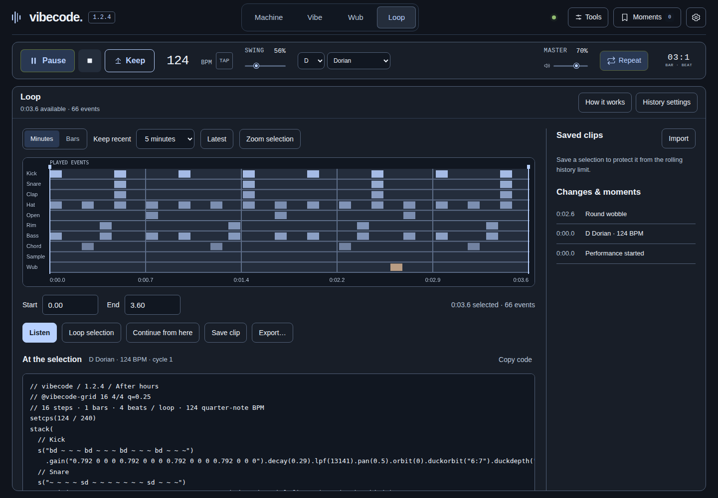 Vibecode 1.2.4's Loop workspace populated by a 3.6-second performance history of 66 events, including a Round wobble Wub event