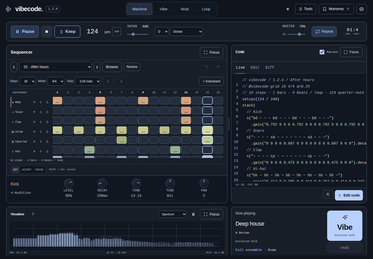 Vibecode 1.2.4's Machine workspace actively playing After hours, with Pause visible, the live spectrum populated, and the editable sixteen-step pattern and code view visible