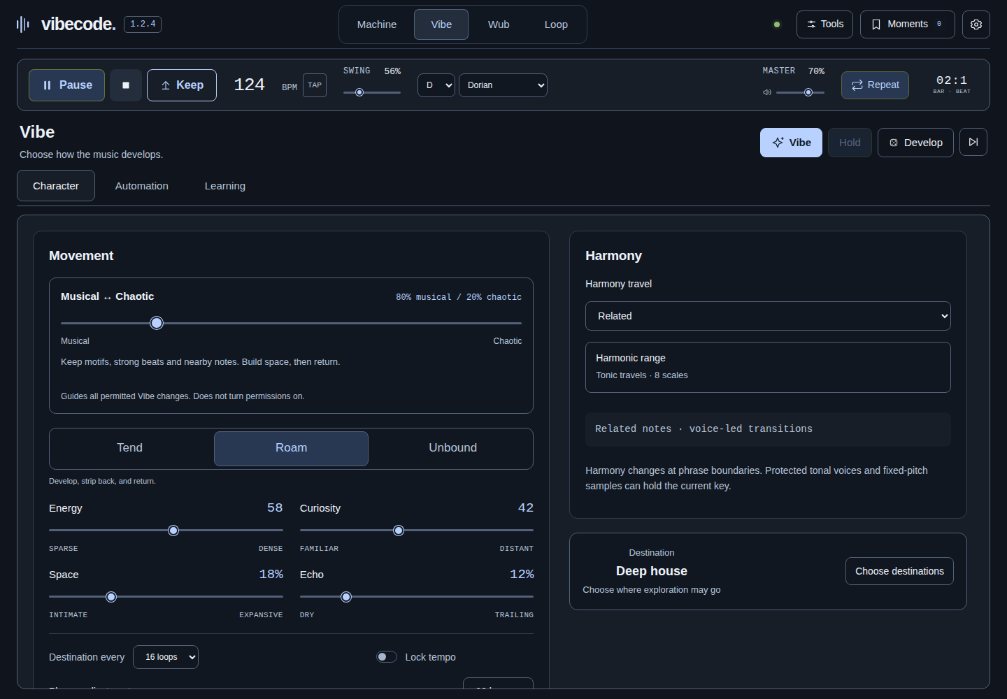 Vibecode 1.2.4's Vibe workspace with Musical ↔ Chaotic set to 80% musical, Roam character, energy and curiosity controls, harmony, and the Deep house destination