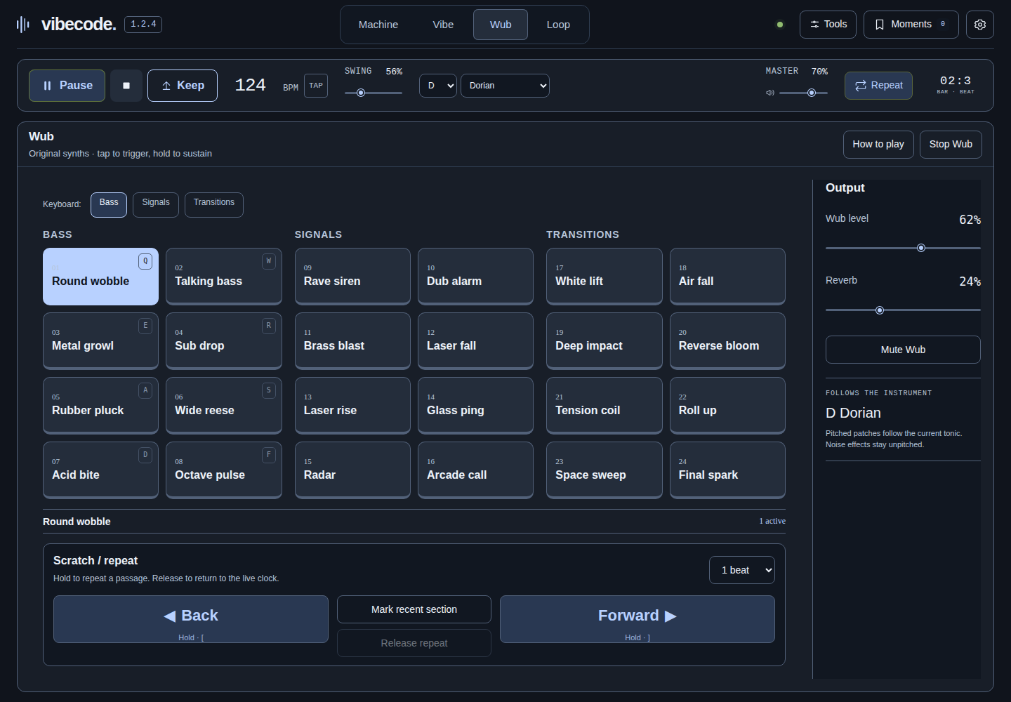 Vibecode 1.2.4's Wub workspace with 24 original synth patches grouped into Bass, Signals, and Transitions, plus output controls