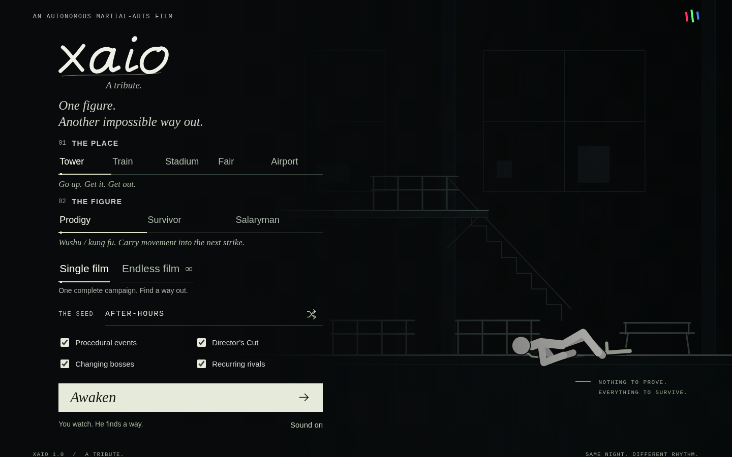 xaio title screen with five settings, three heroes and Single Film or Endless Film controls